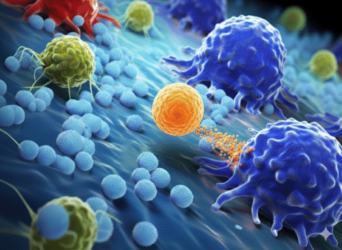 Effector cell releasing granzyme B to fight a cancer tumor. All copyrights owned by CytoSite Bio.